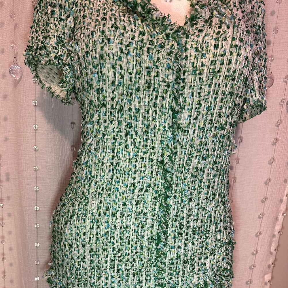🔥Beautiful, Classic CH by Carolina Herrera Green & White Tweed Mini Dress Size 8 - Picture 13 of 15